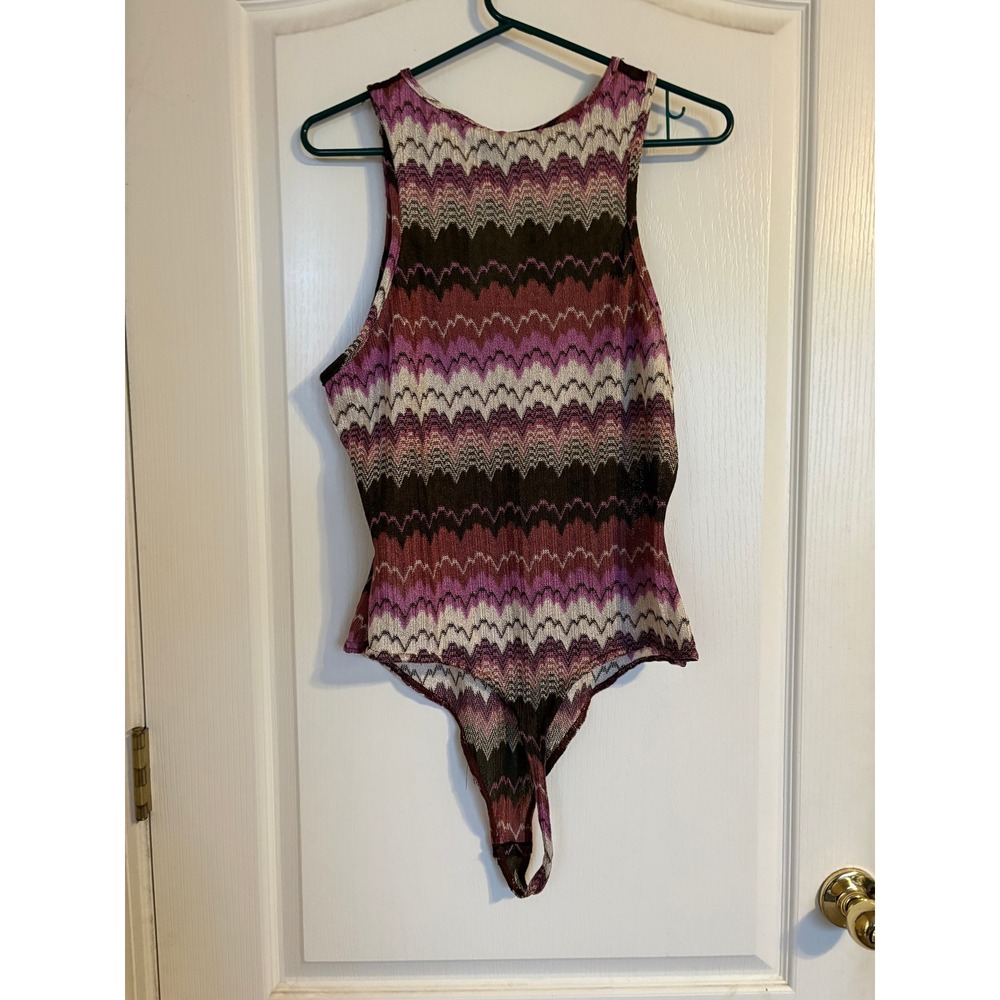 Missguided Bodysuit Womens 14 Chocolate Purple New Chevron Knit Racer Neck